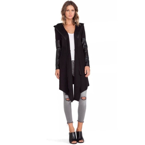 Blank NYC Sweaters - Blank NYC Faux Leather Hooded Open Front Cardigan